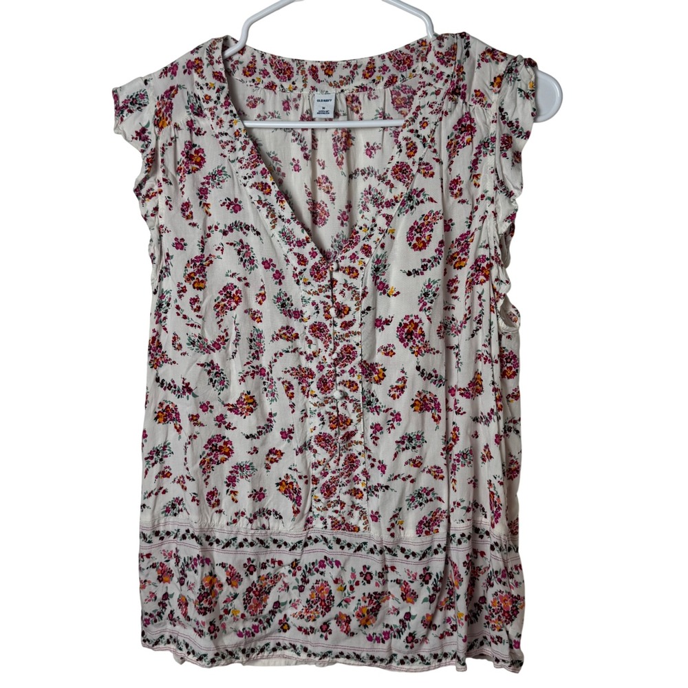 Old Navy Womens White Paisley Floral Boho V-Neck Ruffle Cap Sleeve Top Medium